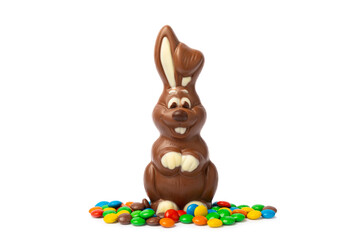 Easter chocolate bunny isolated on a white background. Chocolate eggs and other sweets. Easter celebration concept. Easter sweets on the table. Place for text. copy space.
