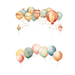 Fototapeta na wymiar Watercolor air balloons in circus, hand drawn isolated on a white background clipart crop use PNG 300 DPI