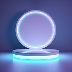 Pedestal with glowing light circle on blue background, Blank Pedestal minimal concept, ai technology