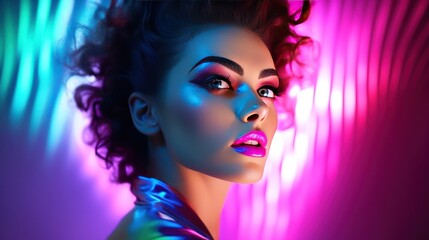 Obraz na płótnie Canvas High fashion woman in bright lights posing in studio, trendy makeup art design, colorful makeup over bright background.