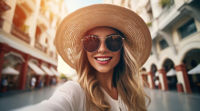 Portrait of a beautiful, stylish modern woman. Eyes hidden by women's fashion hats Beauty and advertising concept. Close up