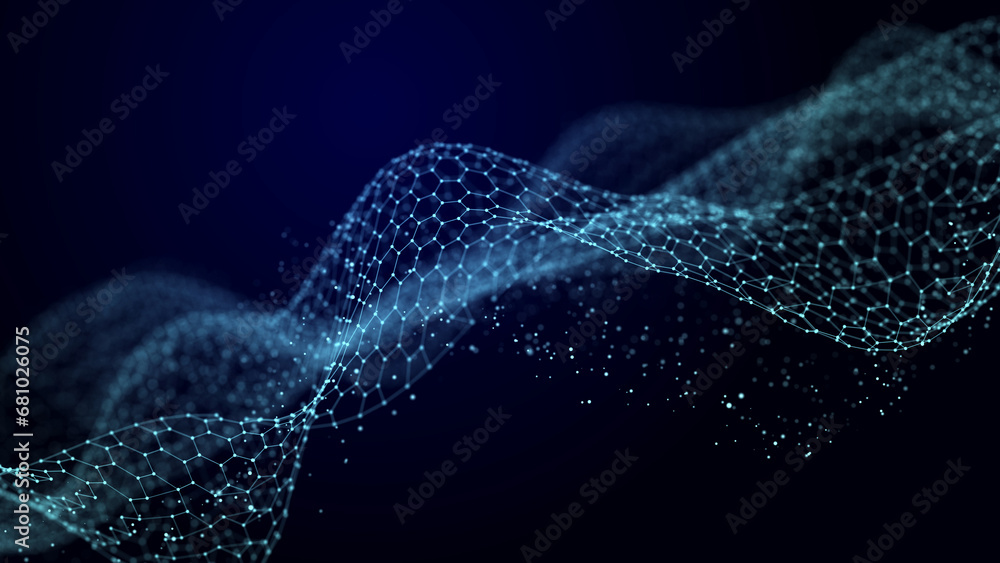 Poster futuristic wave of dots with moving particles. abstract technology background. 3d visualization of b