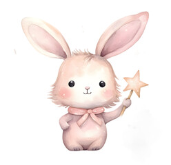 Cute cartoon pink rabbit sitting on soft clouds watercolor illustration isolated on transparent...