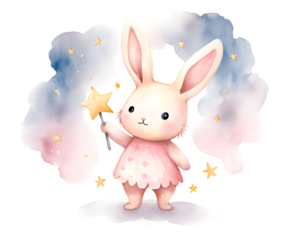 Cute cartoon pink rabbit sitting on soft clouds watercolor illustration isolated on transparent background
