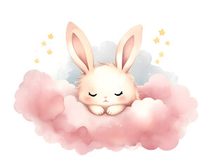 Cute cartoon pink rabbit sleeping on soft clouds watercolor illustration isolated on transparent background