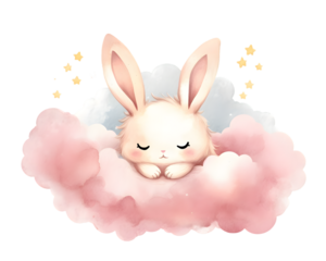 Cute cartoon pink rabbit sleeping on soft clouds watercolor illustration isolated on transparent background