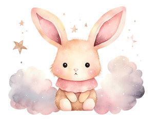 Cute cartoon pink rabbit sitting on soft clouds watercolor illustration isolated on transparent...