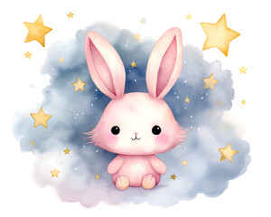 Cute cartoon pink rabbit sitting on soft clouds watercolor illustration isolated on transparent...