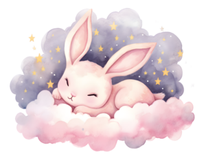 Cute cartoon pink rabbit sleeping on soft clouds watercolor illustration isolated on transparent background