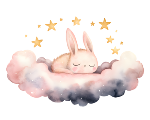 Cute cartoon pink rabbit sleeping on soft clouds watercolor illustration isolated on transparent background