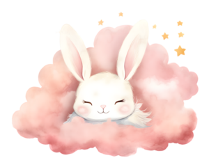 Cute cartoon pink rabbit sleeping on soft clouds watercolor illustration isolated on transparent background