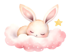 Cute cartoon pink rabbit sleeping on soft clouds watercolor illustration isolated on transparent...