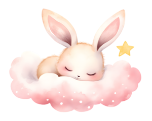 Cute cartoon pink rabbit sleeping on soft clouds watercolor illustration isolated on transparent background