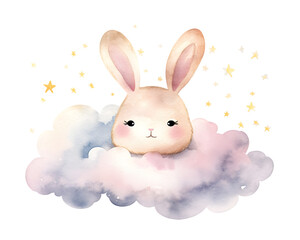Cute cartoon pink rabbit sleeping on soft clouds watercolor illustration isolated on transparent background