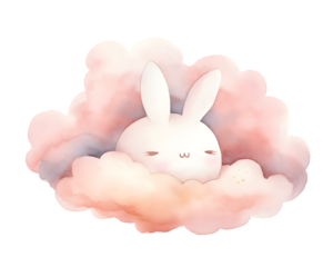 Cute cartoon pink rabbit sleeping on soft clouds watercolor illustration isolated on transparent background