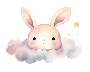Cute cartoon pink rabbit sleeping on soft clouds watercolor illustration isolated on transparent background