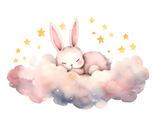 Cute cartoon pink rabbit sleeping on soft clouds watercolor illustration isolated on transparent background
