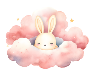 Cute cartoon pink rabbit sleeping on soft clouds watercolor illustration isolated on transparent background