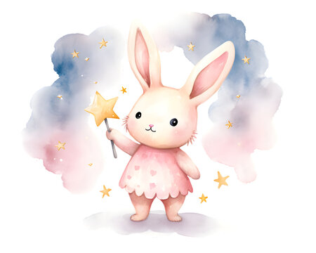 Cute cartoon pink rabbit sitting on soft clouds watercolor illustration isolated on transparent background