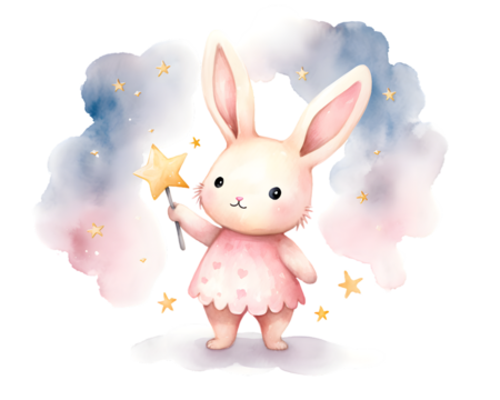 Cute cartoon pink rabbit sitting on soft clouds watercolor illustration isolated on transparent background