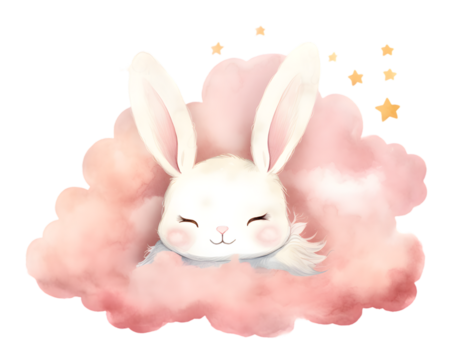 Cute cartoon pink rabbit sleeping on soft clouds watercolor illustration isolated on transparent background