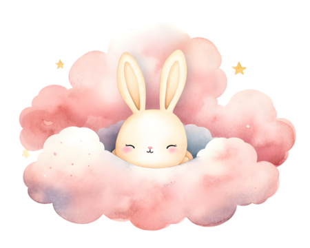 Cute cartoon pink rabbit sleeping on soft clouds watercolor illustration isolated on transparent background