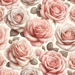 A seamless pattern of natural soft pink roses. The pattern features multiple soft pink roses, each with delicate petals and subtle color variations