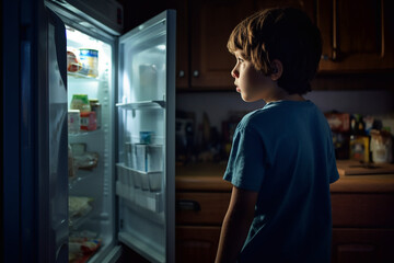 Fototapeta na wymiar A boy who has nighttime sleep-related eating disorder. Child eating a snack in front of the refrigerator in the middle of the night