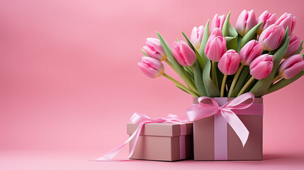 Obraz premium Bouquet of tulips and gift wit ribbon, Gift for Valentine's Day , Valentine banner, copy space 