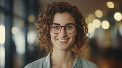 Close-up of female hipster student wearing glasses. White female university student looking at camera smiling happily.