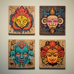 Four Wooden Paintings of Masks on a Wall