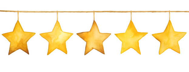 Yellow stars hanging on the clothesline watercolor illustration isolated on transparent background