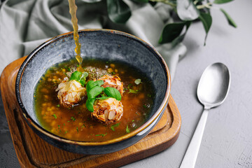 almond meatball soup on top view