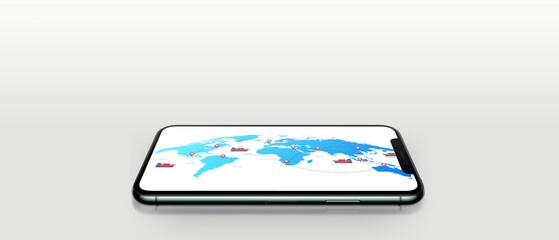 export and import map on mobile phone. creative manipulation. shipping and logistics concept on mobile. mobile mockup presentation. road on mobile for exporting product. 