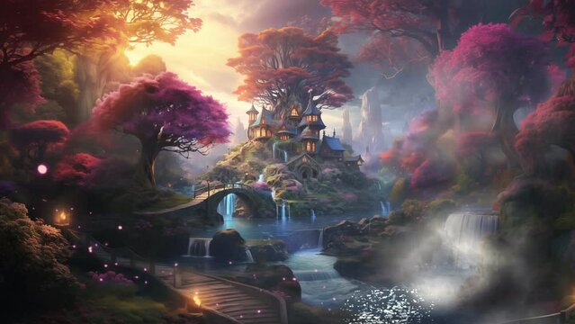Fantasy dream castle palace island animation video. Fairy home on fairy tales. 4k resolution