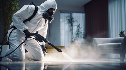 Close up photo of pest control service guy spraying poisonous gas on the floor of contemporary apartment in a mask and a white protective suit - obrazy, fototapety, plakaty