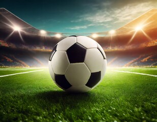 A soccer ball on a green grass stadium background; hyper realistic photo