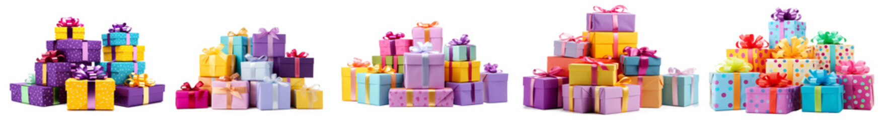 Pile of Colorful birthday gift boxes isolated on transparent background. set of birthday gifts