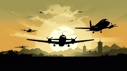 Fototapeta na wymiar military Airplane in the sky. The plane is flying between the clouds. Flat illustration