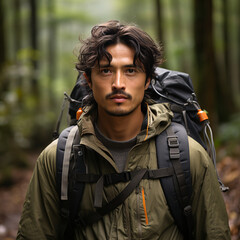 Obraz premium Portrait of a Asian man with a backpack traveling through the forest, handsome traveler in jacket on a hike