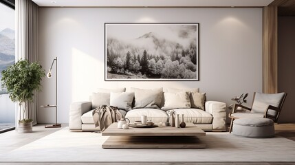 Blank flyer poster interior living room isolated on grey to replace your design