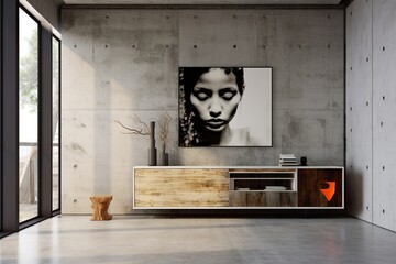  a contemporary home interior with a wooden cabinet and dresser against a raw concrete backdrop. A vacant mock-up poster frame on the wall serves as a platform for your artistic expressions, enhancing