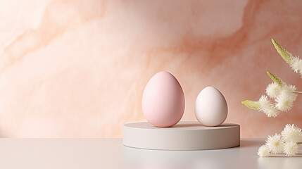 Fototapeta premium Table with Easter eggs, product display, Easter podium display 