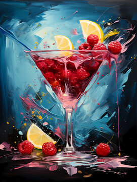 A Glass With Fruit And A Straw In It - The raspberry martini is a vibrant red cocktail