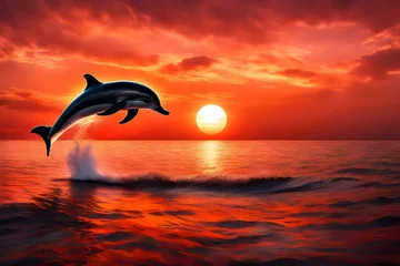 Fotobehang dolphins at sunset © Faisu