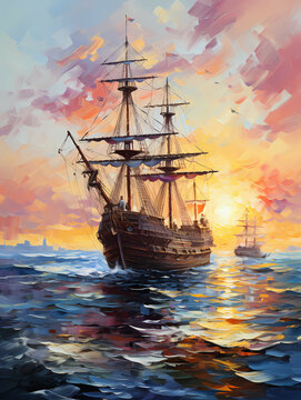 A Painting Of A Ship In The Ocean - The ships of Christopher Columbus