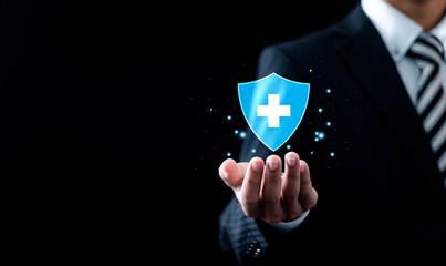 Healthcare and medical Insurance concept, Businessman holding virtual medical network connection icon for healthcare, access to welfare health.