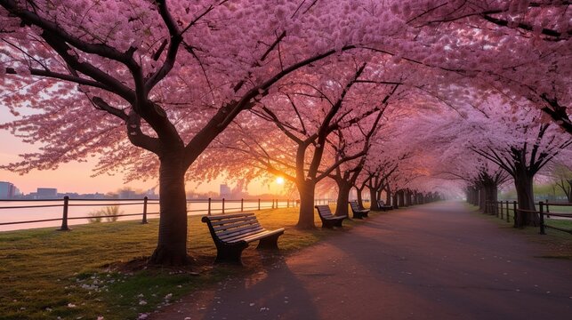 An incredible landscape stretches out on the horizon in a cloak of bright hues. bright radiance of sakura, water, rich colors, paints, japan, art, designer. creativity concept.