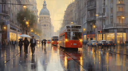 Madrid's Gran Via in a rainy weather. Original oil painting on canvas. - obrazy, fototapety, plakaty