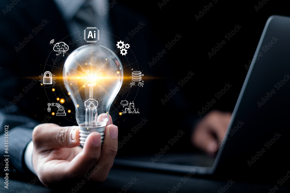 Poster ai technology concept. businessman holding light bulb with ai tools for big data network connection,